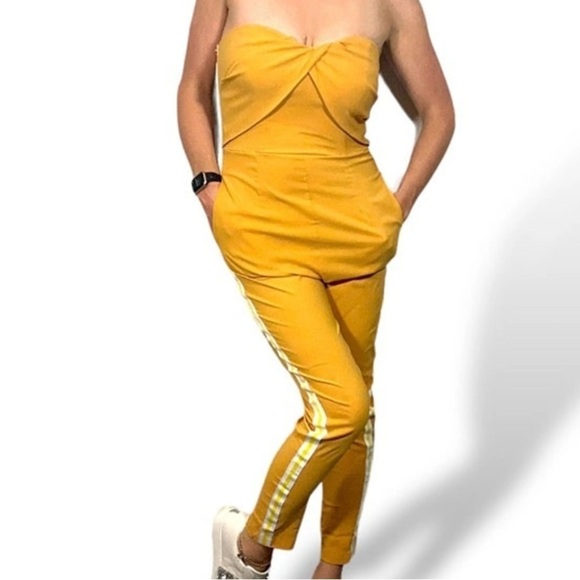 Uniq Yellow Strapless Zipper Back Ankle Length Romper w/Side Stripes LARGE NEW - Picture 8 of 8